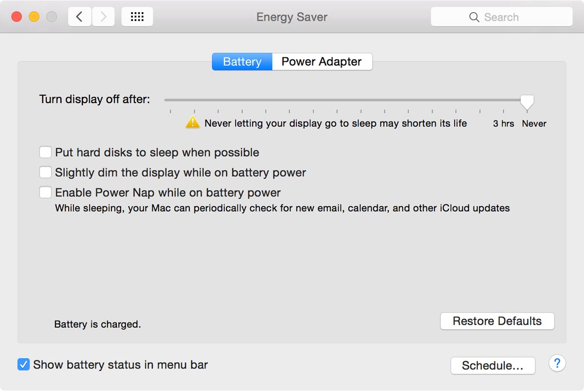 OS X Energy Saver preferences, Battery tab