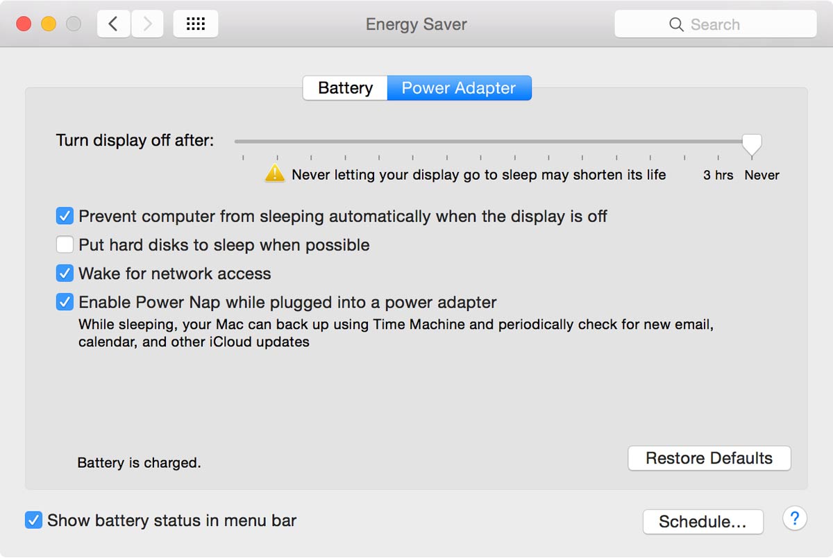 OS X Energy Saver preferences, Power Adapter tab