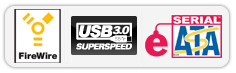 FireWire, USB 3.0, eSATA logos