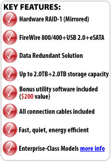 Key Features: Hardware RAID-1, FireWire 800/400+USB 2.0+eSATA, Data Redundant Solution, Up to 2.0TB+2.0TB storage capacity, Bonus utility software included, All connection cables included