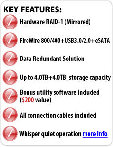Key Features: Hardware RAID-1, FireWire 800/400+USB 2.0+eSATA, Data Redundant Solution, Up to 2.0TB+2.0TB storage capacity, Bonus utility software included, All connection cables included