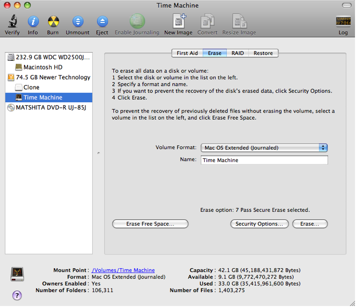 Your erase option will show on the Disk Utility page. Click on "Erase�" to begin.