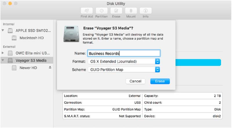 Drive name and format type