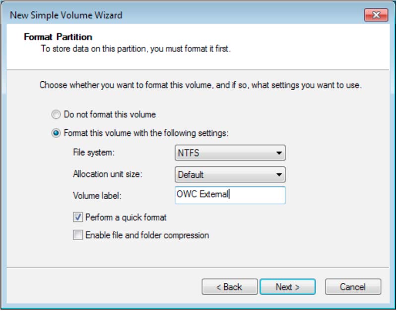 file system option is set to NTFS