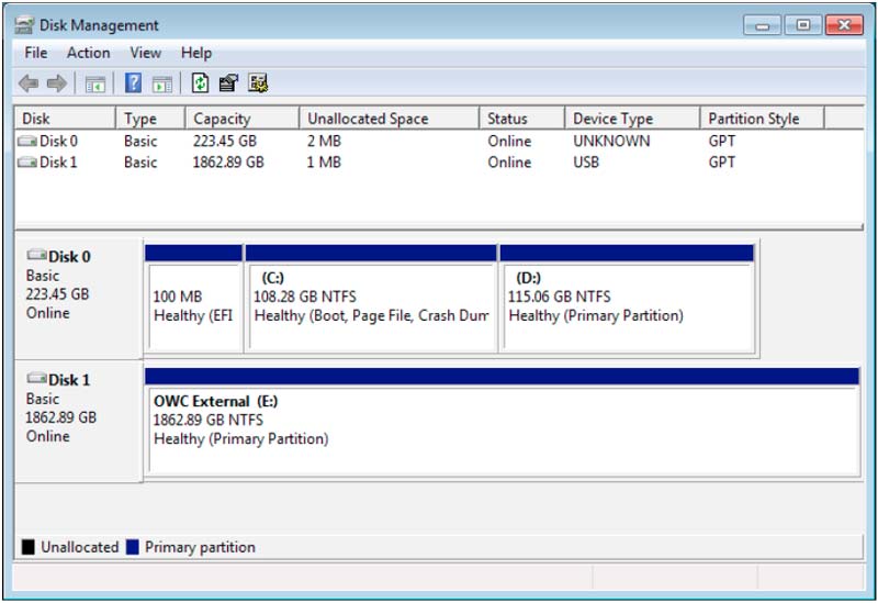 view your new drive in the Disk Management window